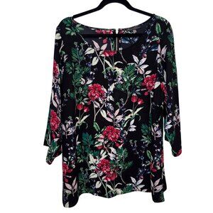 Rose & Olive Womens Floral Print Black 3/4 Sleeve Tunic Top With Back Zipper 1X
